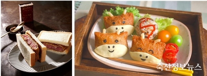한우 샌드위치(왼쪽), 한우 유부초밥(오른쪽)