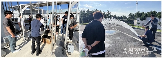 제주양돈농협 가축분뇨공동자원화공장에서 친환경 자원화시설을 견학하고 있는 청년한돈인들